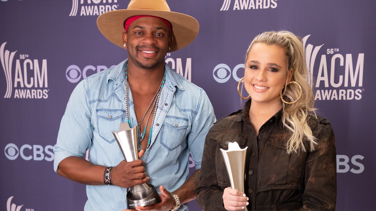 56th ACM Awards' New Male/Female Artist of the Year Winners Jimmie Allen and Gabby Barrett at the Grand Ole Opry in Nashville, TN
