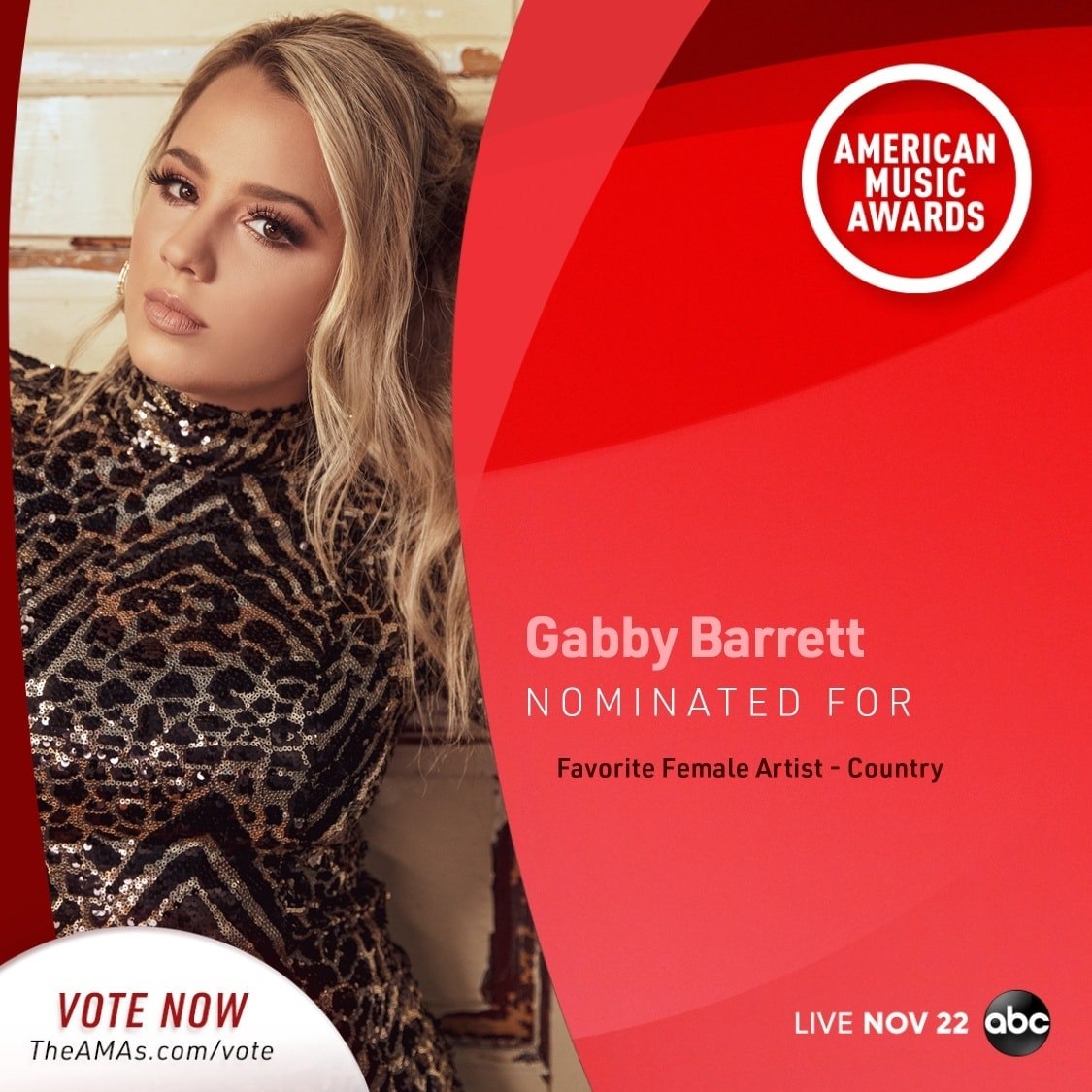 Congratulations to Gabby Barrett for being nominated for Favorite Female Artist – Country at the 2020 American Music Awards!
