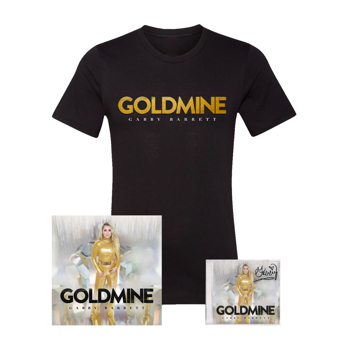 GOLDMINE T-SHIRT, POSTER, SIGNED CD BUNDLE
www.gabbybarrett.com
