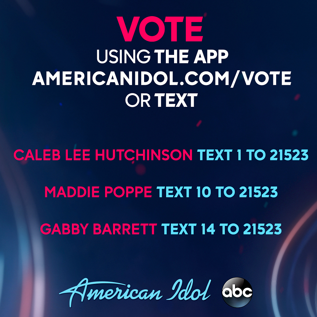Maddie Poppe, Caleb Lee Hutchinson, and Gabby Barrett voting details on American Idol on May 20, 2018.
Photo credit: American Idol
